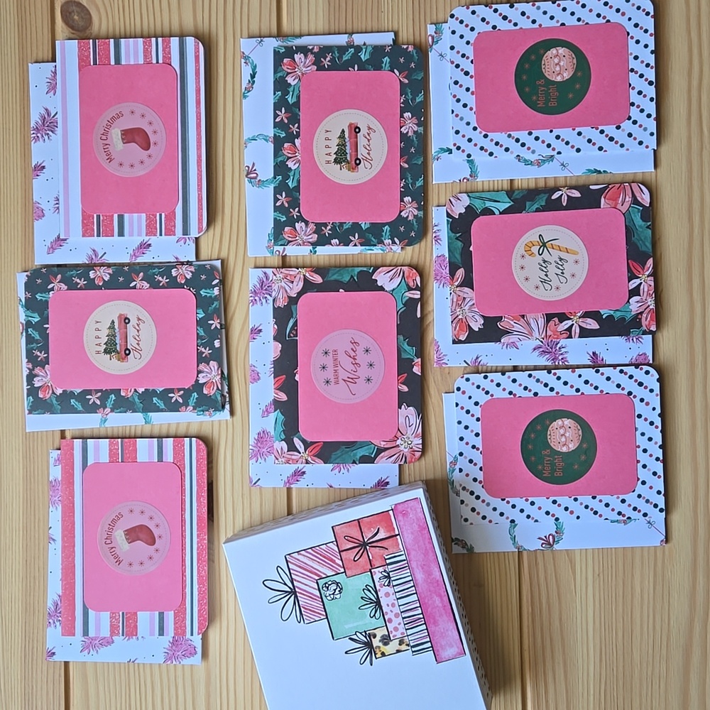 Handmade Mini Pink Christmas Cards & Envelopes Boxed Set of 8